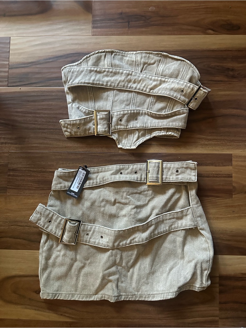 PrettyLittleThing Petite Tan Strapless Mini Skirt Set